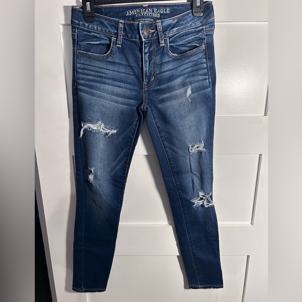 American Eagle Outfitters Dark Blue Distressed jegging jeans 4 short
